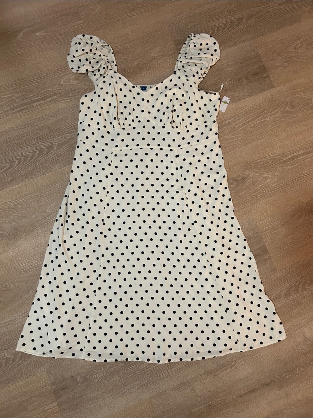 Old Navy Cream Dress with Black Polka Dots and Puff Sleeves